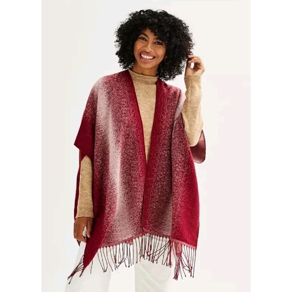 Cejon Womens Ombre Stripe Ruana Burgundy Cape Fall Frayed Shawl Wrap 7055